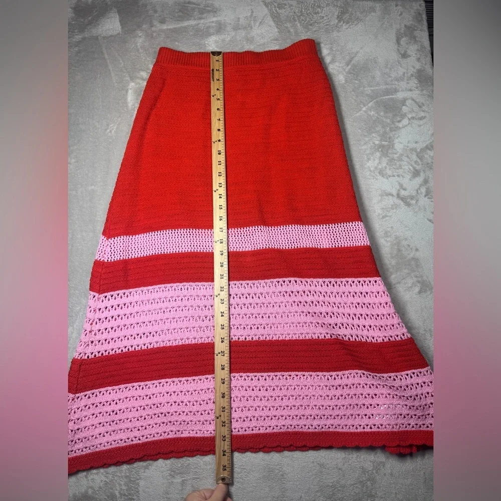 Scoop Crochet Scalloped Hem Red Pink Striped A Line Pull On Midi Skirt Large - Picture 11 of 16